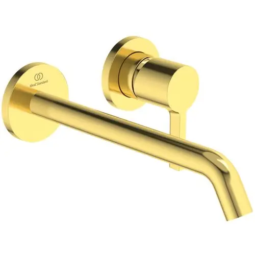 Wand-Waschtischarmatur aus glänzendem Gold von Ideal Standard mit runder Rosette und einem länglichen Auslauf.